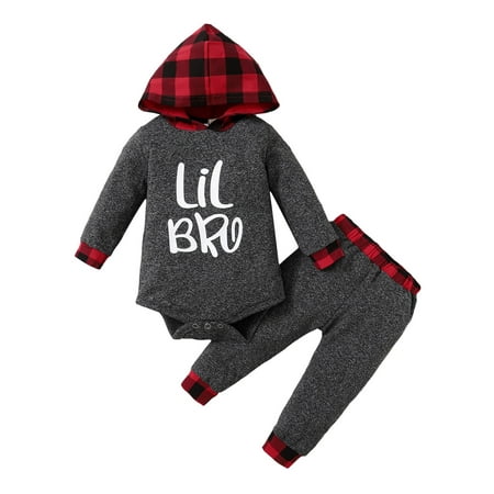 

Sunisery Kids Baby Boys Plaid Print Clothes Set Boy Hooded Romper Pants Autumn Outfits Little Brother 0-3 Months