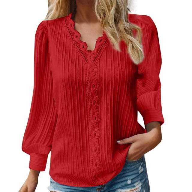Blusa de encaje con cuello en V para mujer - Color liso, manga corta, poliéster, camisa elegante y casual para el trabajo o una cita