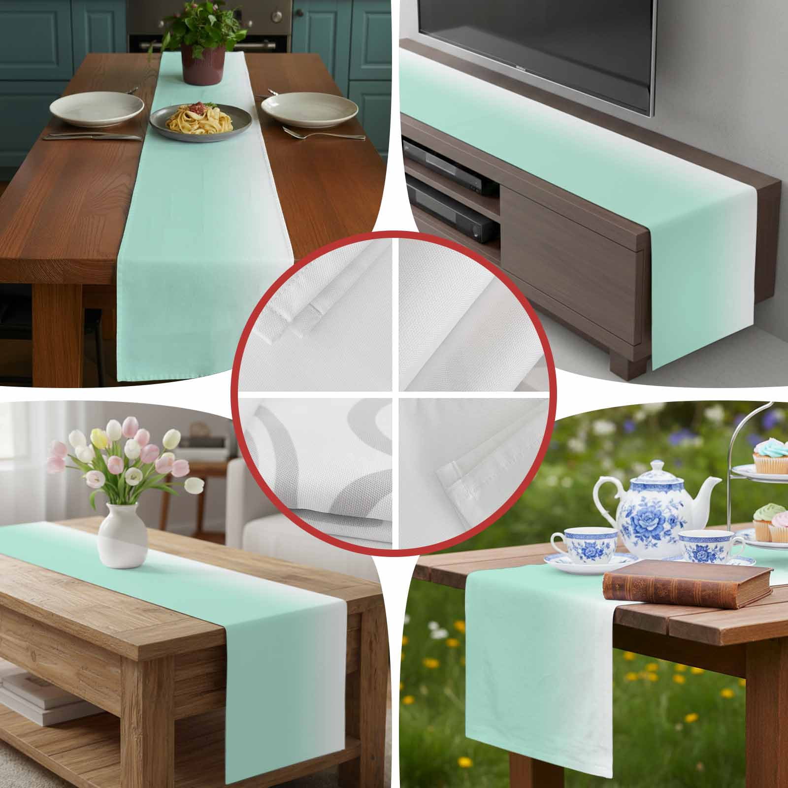 Green Gradient Art on White Table Runner 90 Inches Long, Summer Style Table Runners Tabletop Scarf Kitchen Dining Tables Decoration for Home Party Indoor Outdoor