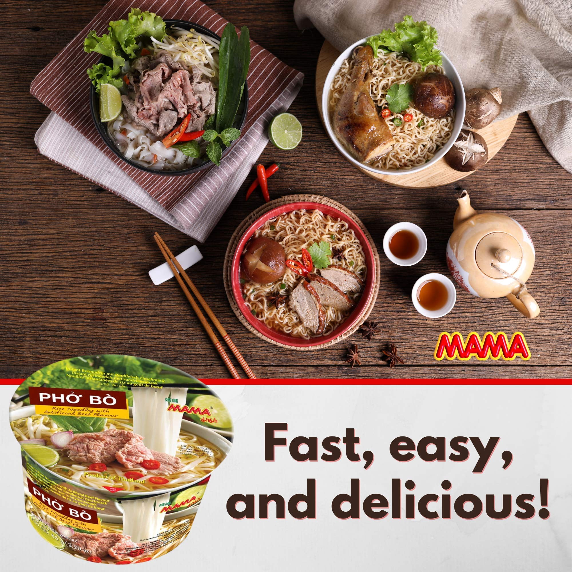 Mama Pho Bo Instant Beef Soup Bowl Noodle In Vietnamese Style, Silky-Smooth, Chewy Rice Noodles With Piping Hot Aromatic Soup Mix (6-Bowl Pack, 2.29 Oz Per Bowl)
