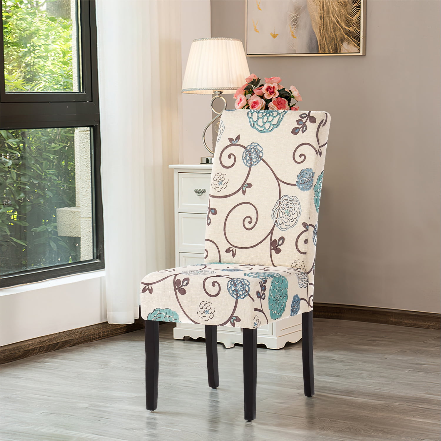 Kadyn Contemporary Upholstered Dining Chairs, Set of 2, Modern Kitchen Chair for Dinning Room, Fabric Kitchen Chair with Wood Legs, white&blue Kadyn Contemporary Upholstered Dining Chairs, Set of 2, Modern Kitchen Chair for Dinning Room, Fabric Kitchen Chair with Wood Legs, white&blue