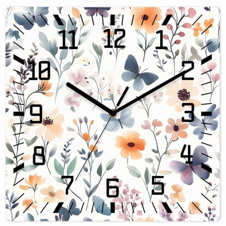 Botanical Flower Wooden Wall Clock Silent Non Ticking, Country Farm Butterfly Spring Plant Square Wall Clocks Battery Operated, Decor Clock for Home Office, Living Room, Kitchen, 12 Inch