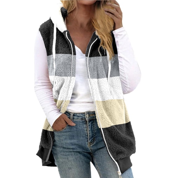 Baqcunre Winter Coats For Women Women'S Spliced Fashion Casual Zipper Pocket Drawstring Plush Sleeveless Coat Jackets For Women Womens Fall Fashion 2023 Black L