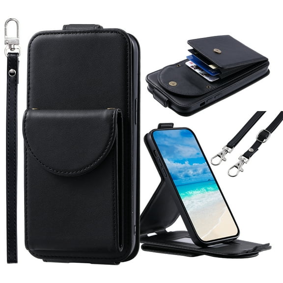 ELEHOLD for Samsung Galaxy A55 Wallet Crossbody Case Premium PU Leather Organ Card Slots Magnetic Closure Detachable Wrist Lanyard Shoulder Strap Flip Shockproof Galaxy A55 Cover,Black