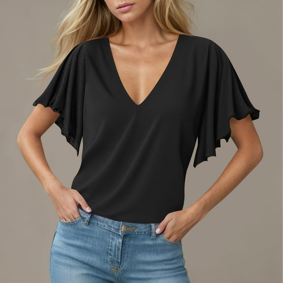 Otvok Womens Spring and Summer Blouses V-Neck Short-Sleeve Solid Loose Casual Tops