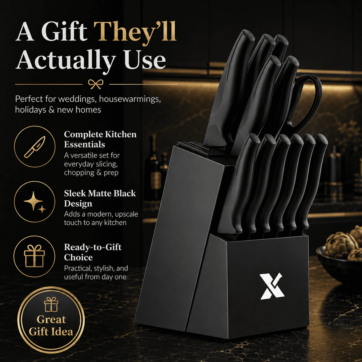 Xanapon 13-Piece Knife Set for Kitchen, Built-in Sharpener Block, German Stainless Steel, Dishwasher Safe, Black