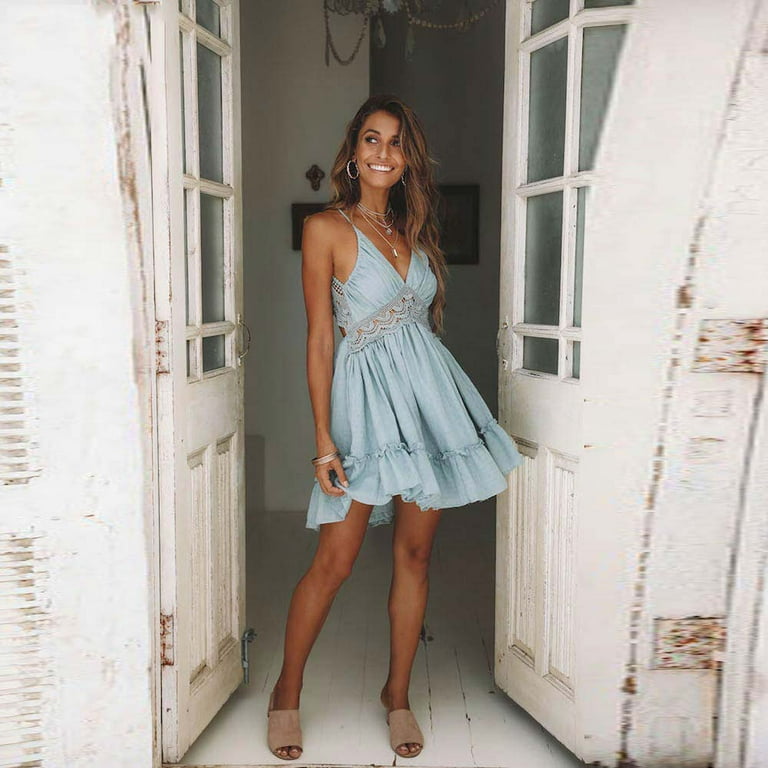 ALigoa Women's V-Neck Spaghetti Strap Backless Solid Lace Mini Skater Dress  Beach Dress for Vacation, Daily Wear, Wedding - Walmart.com