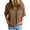 thumbnail image 1 of RKSTN Womens Tops 2024 Solid Color Fashion Short Sleeve V Neck Shirts Oversized Knitted Loose Fit Versatile Pleated Tops with Pockets, 1 of 5
