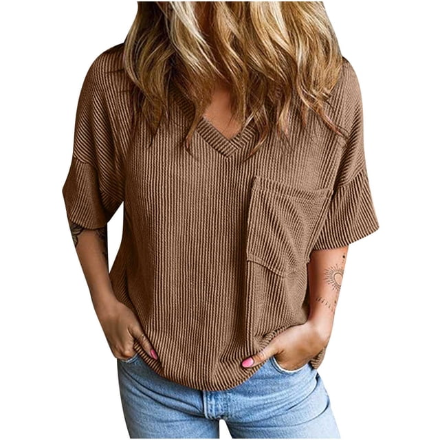 RKSTN Womens Tops 2024 Solid Color Fashion Short Sleeve V Neck Shirts Oversized Knitted Loose Fit Versatile Pleated Tops with Pockets