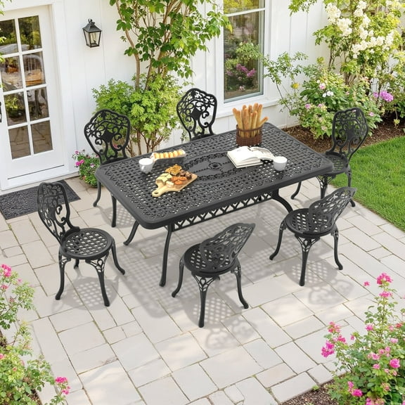 Hzzkey 7-Piece Black Outdoor Aluminum Rectangle Dining Set,6 Chairs, Umbrella Hole, Weather-Resistant