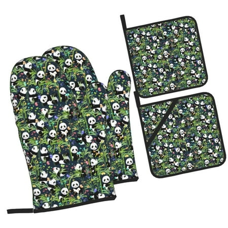

Zufioo Fun Panda Playing With Bamboo Leaves Oven Mitts and Pot Holders 4pcs Set Kitchen Oven Glove High Heat Resistant 500 Degree Extra Long Oven Mitts for Kitchen Baking Cooking