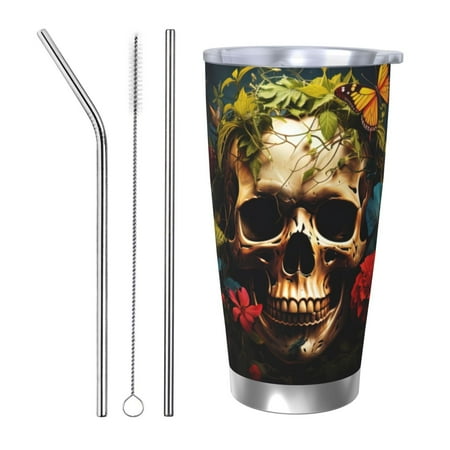 

Tideii Butterfly Flower Plant Skull for 20OZ Car Cup Stainless Steel Cold and Hot Cup with Lid Suitable for Outdoor and Home Unisex-Straw Three-piece Set