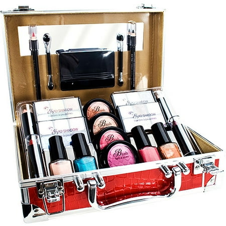 Bon Voyage Red Croc Train Case and 22-Piece Makeup Kit