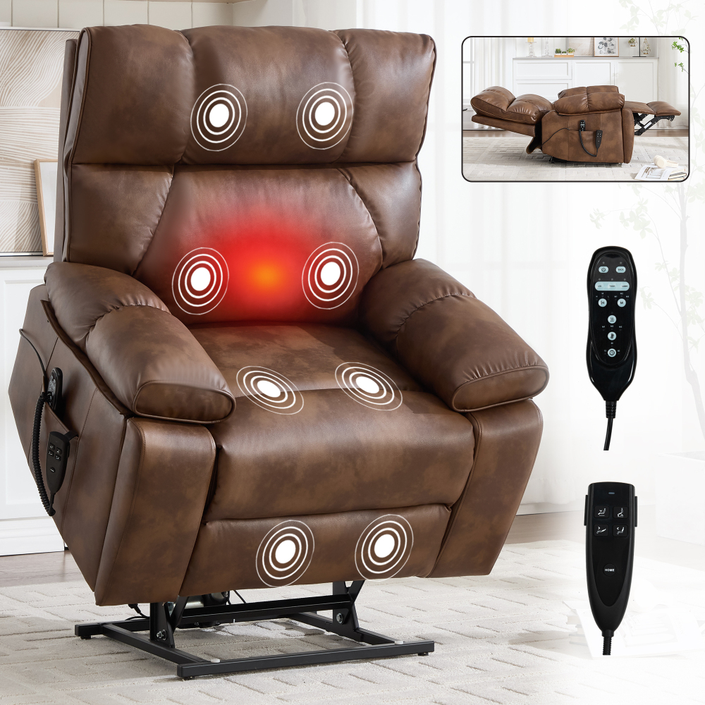 Heavy Duty Power Lift Recliner 350LBS,  Light Brown Leatheraire with Heat Massage, Infinite Positions & Hidden Cup Holders
