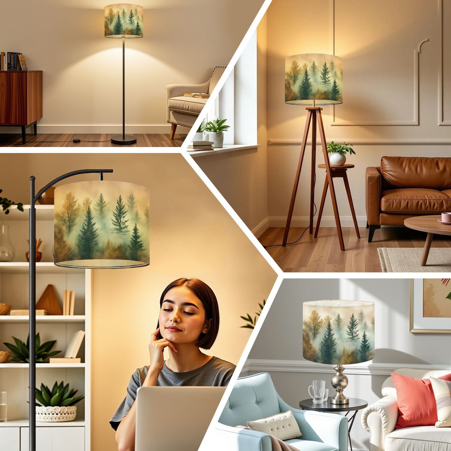 Linen Drum Lampshades Forest Tree Wood Green Pine Trees Autumn Leaves Fog Misty Landscape 13"x13"x10" Light Shade for Table Lamps Drum Lamp Shades Lampshade Replacement Assembly Required