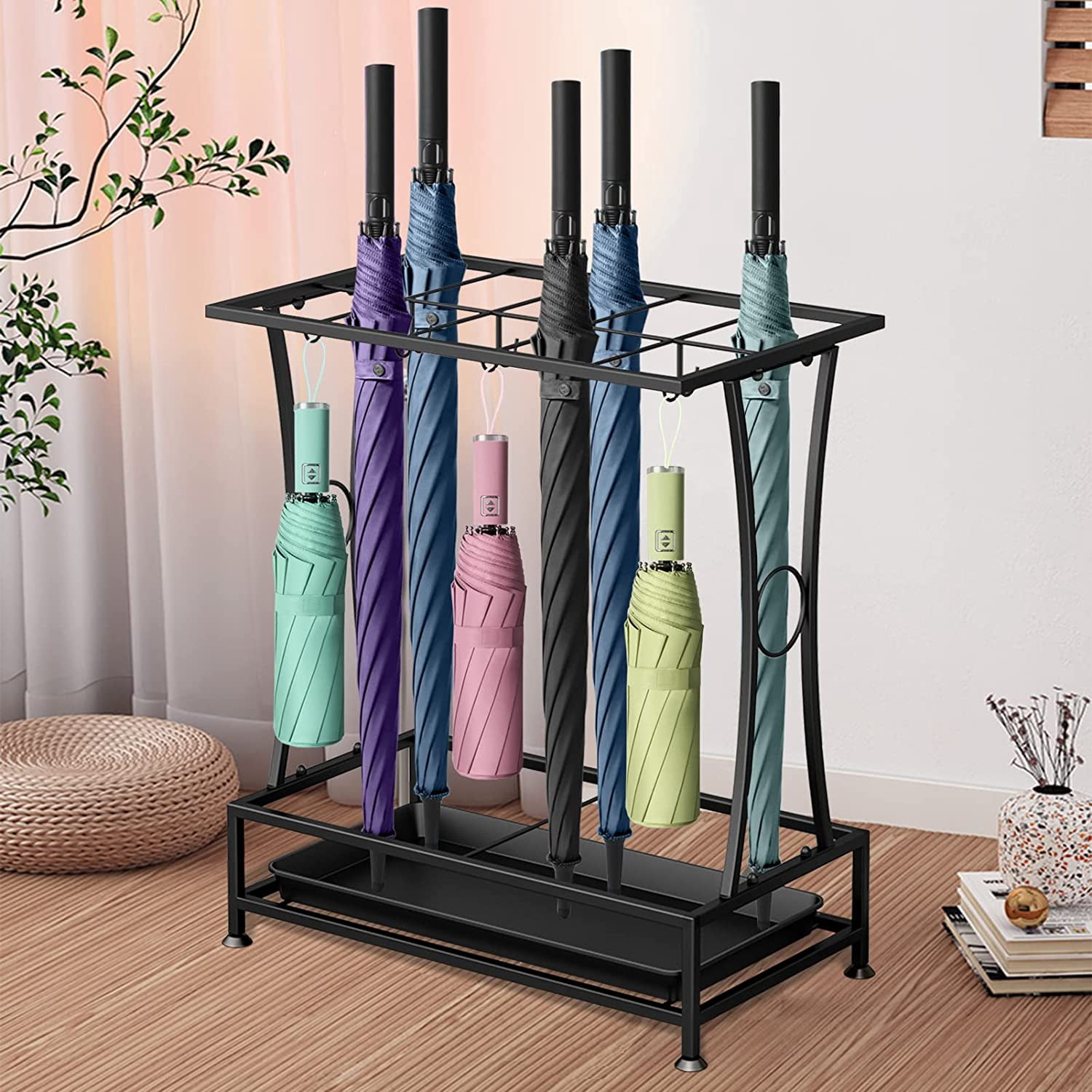 Metal Umbrella Holder Stand with Removable Drip Tray, Industrial Free Standing Umbrella Rack Organizer for Entryway Home Office Patio Decor