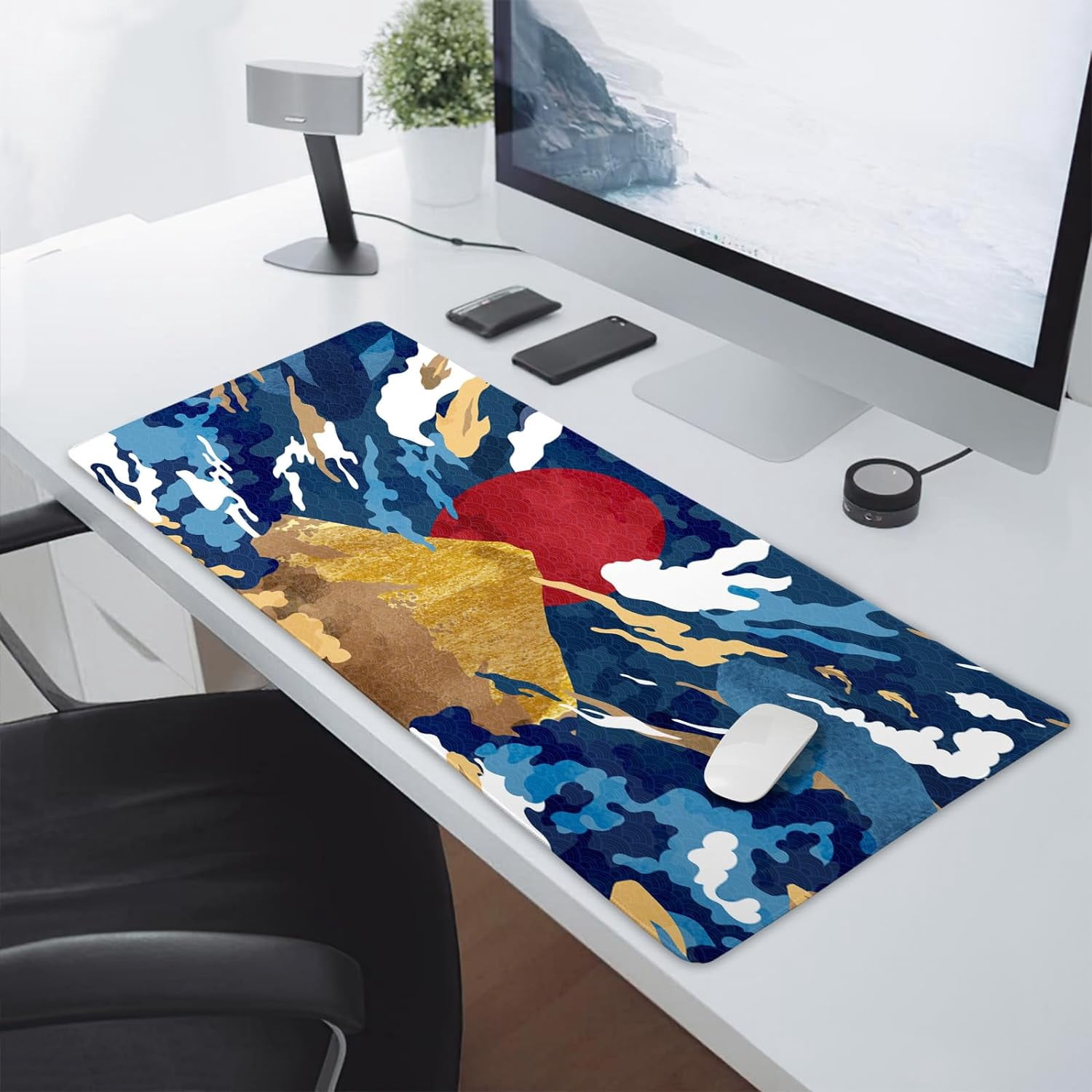 Blue White Japanese Anime Gaming Mouse Pad XXL Aesthetic Gold Mountian Red Sun Extended Big Large Desk Mat Non-Slip Rubber Base Stitched Edge Long Keyboard Mousepad for PC Computer,35.4×15.7 Inches