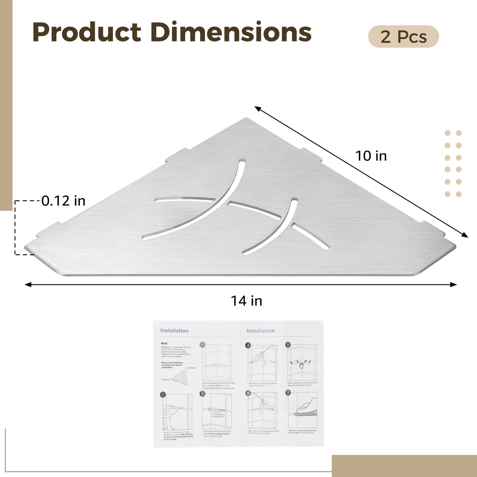 2 Pcs 10 inch Corner Shower Shelf, Large Recessed Tiled Shower Shelf Brushed, Stainless Steel Grouted in Corner Shower Shelves, Grouted Shelf Wall Embedded Organizer for Bathroom