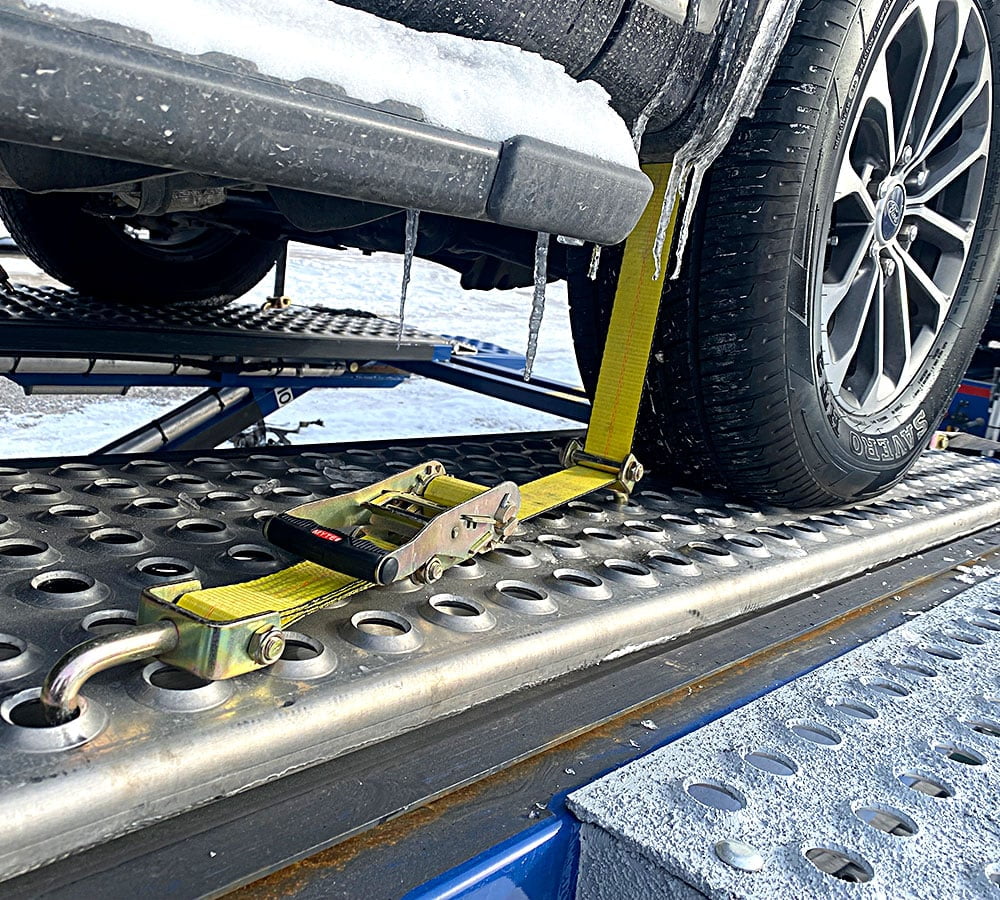 Mytee Products 8 Pack 2"x9' Over The Wheel Tire Straps with Ratchet, Swivel J Hook & Rubber Blocks - 10,000 LBS Breaking Strength Towing Tie Down Straps for Auto Car Haulers, UTV, Truck Trailer Bed