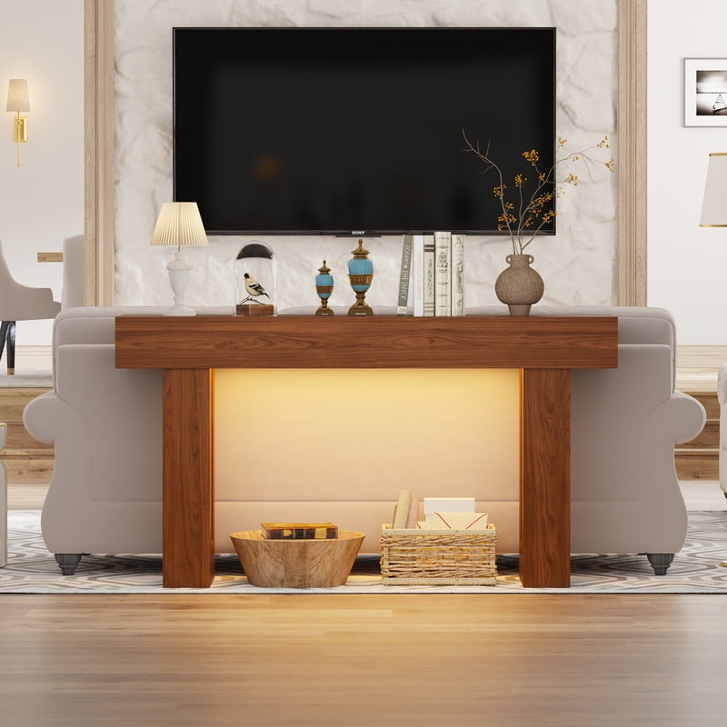 63-Inch Long Console Table with Sensor Light, Farmhouse Entryway Table, Wooden Rectangular Sofa Table Behind Couch for Entrance, Hallway, Living Room