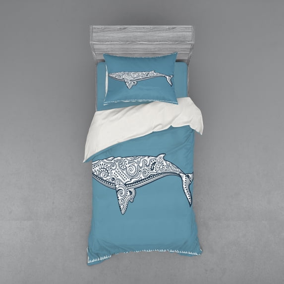 Ambesonne Nautical Bedding Set 3 Pcs, Embellish Whale, Twin XL, Slate Blue and White