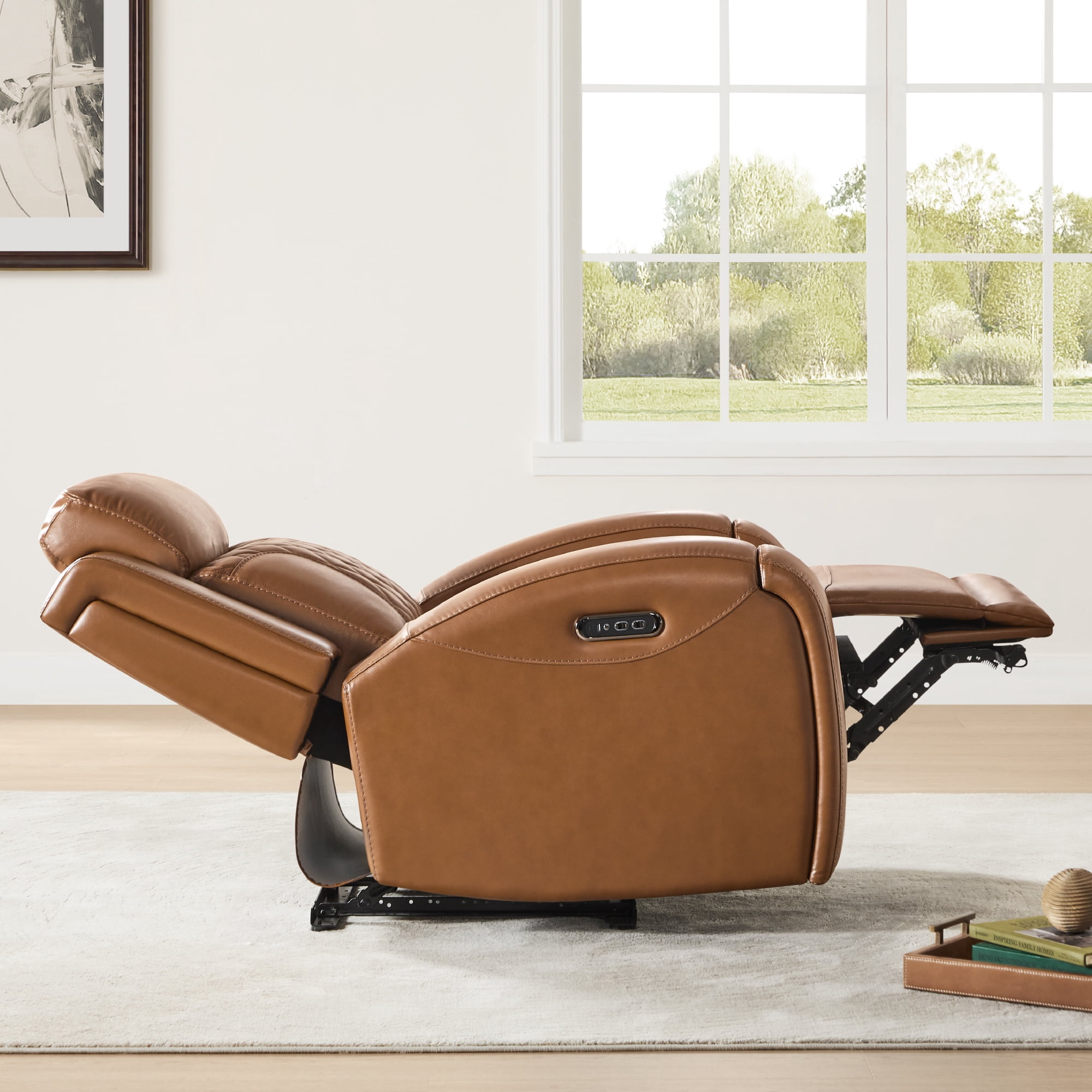 Spruce & Spring Leather Dual-Motor Lay Flat Recliner for Living Room, Saddle