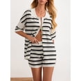 thumbnail image 5 of Musuos Women Summer Crochet Knit Pajamas Set Stripe Contrast Color Button Lapel Tops and Elastic Shorts 2 Pieces Loungewear Suits, 5 of 10
