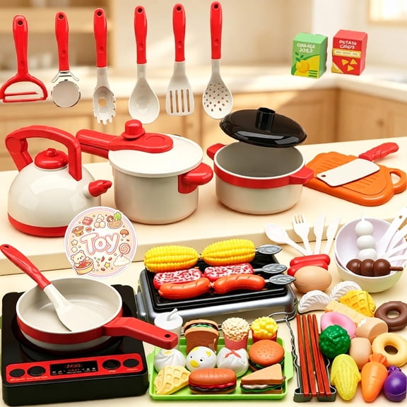 Kids Pretend Kitchen Cookware Playset with Simulation Food & Cooking Utensils, Chef Role Play Kit, Pretend Play Toys, Christmas Birthday Gifts, Toys for Toddler Baby Kids Boys Girls, Age 3
