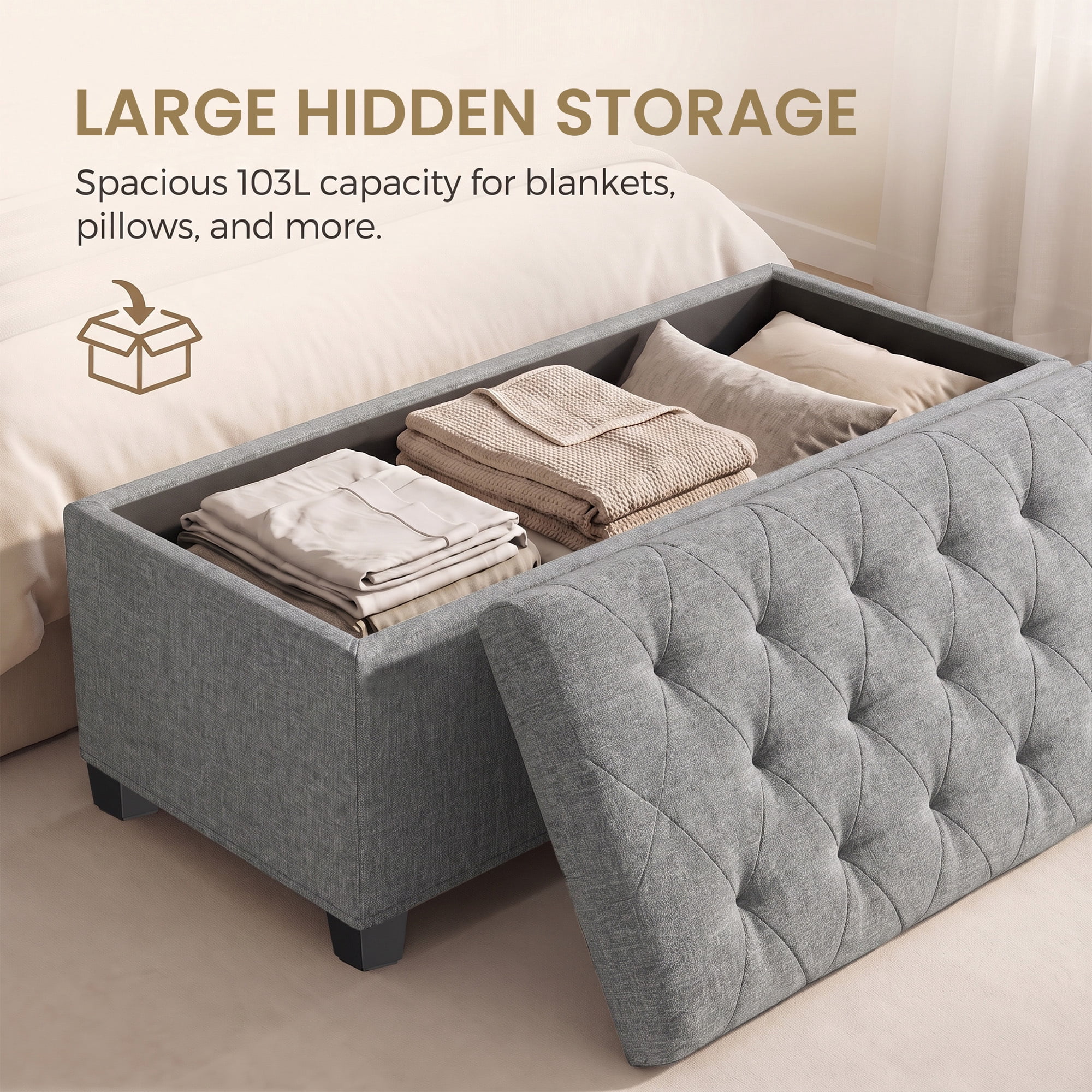 Ledrem Large Storage Ottoman Bench, End of Bed Bench with Tufted Linen-Look Fabric, Light Gray