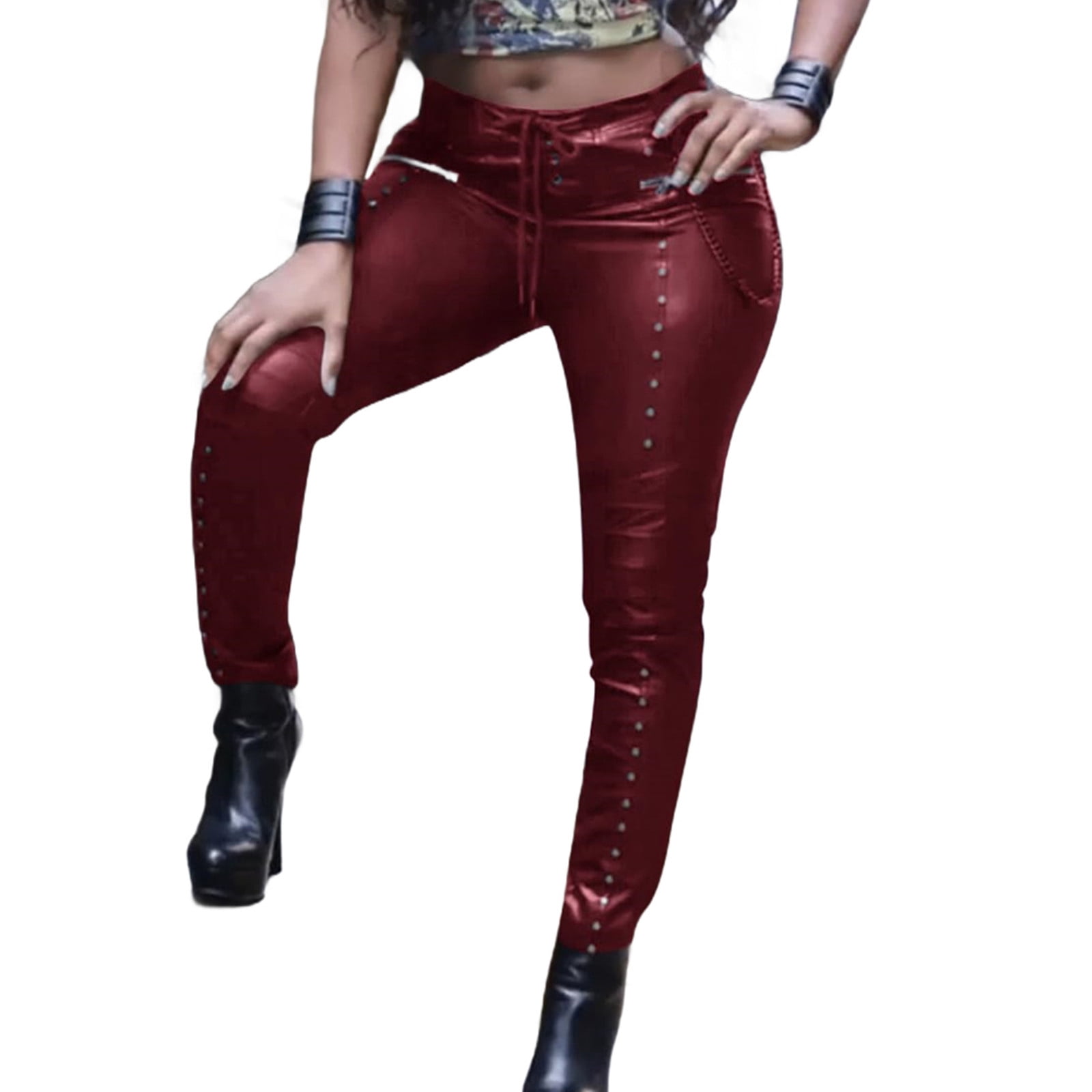 Rock Style Women's Faux Leather Leggings Gothic Punk Skinny PU Leather Pants Mid Rise Novelty Studded Tight Pants