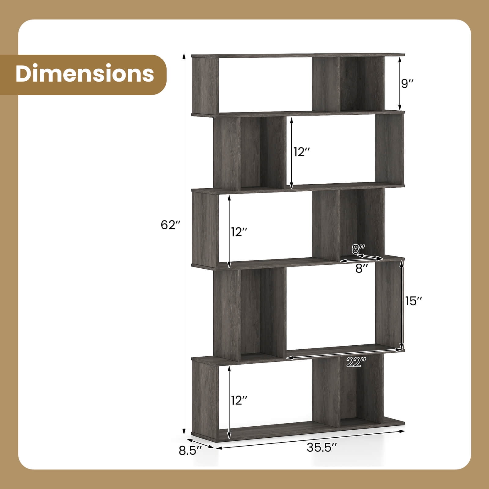 Costway 1 PCS 5-Tier Geometric Bookshelf with Open Shelves & Closed-back Cubes for Living Room Gray Oak