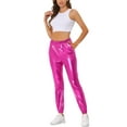 thumbnail image 2 of INSPIRE CHIC Pantalones metálicos holográficos brillantes de cintura alta para mujer, XL, color rosa caliente, 2 of 6