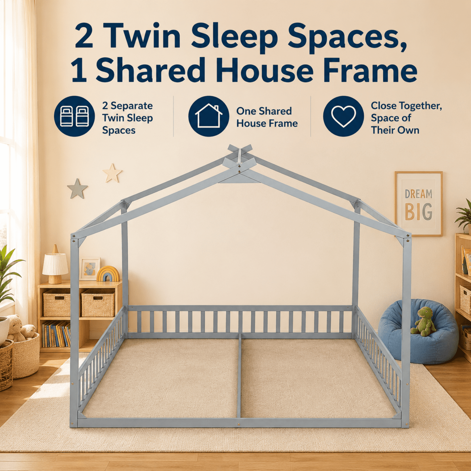 Miniyam Double Twin Floor Bed for Kids, House Bed with Guardrails and Open Entrance, Gray