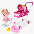 thumbnail image 1 of 4PCS/Set Baby Doll Stroller Foldable Pram Gift Set with Baby Doll Cartoon Printing Design Baby Stroller with Gift for Dolls(Rainbow Car) Christmas, 1 of 4