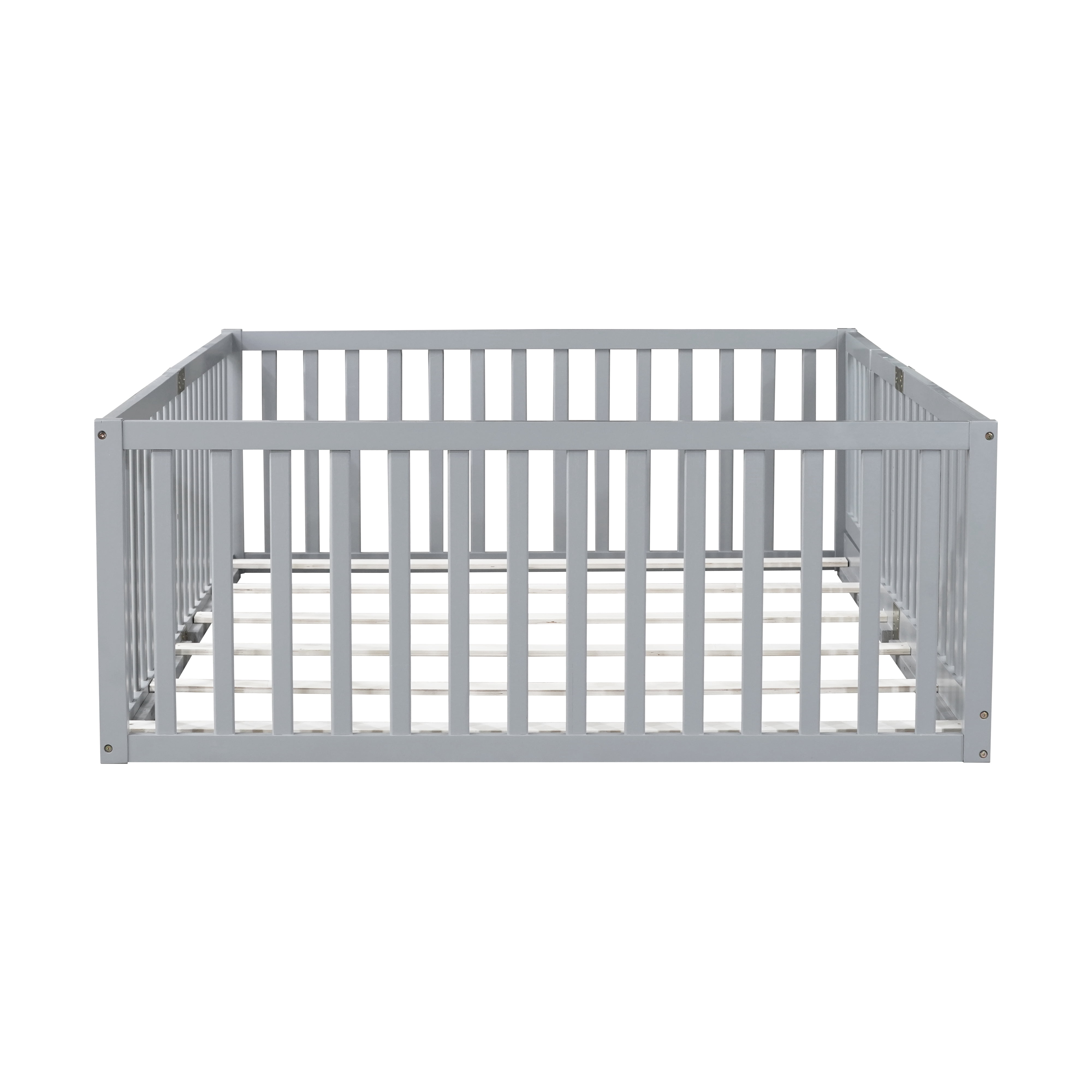 Holaki Wood Full Size Floor Bed with High Fence Railings for Kids, Gray