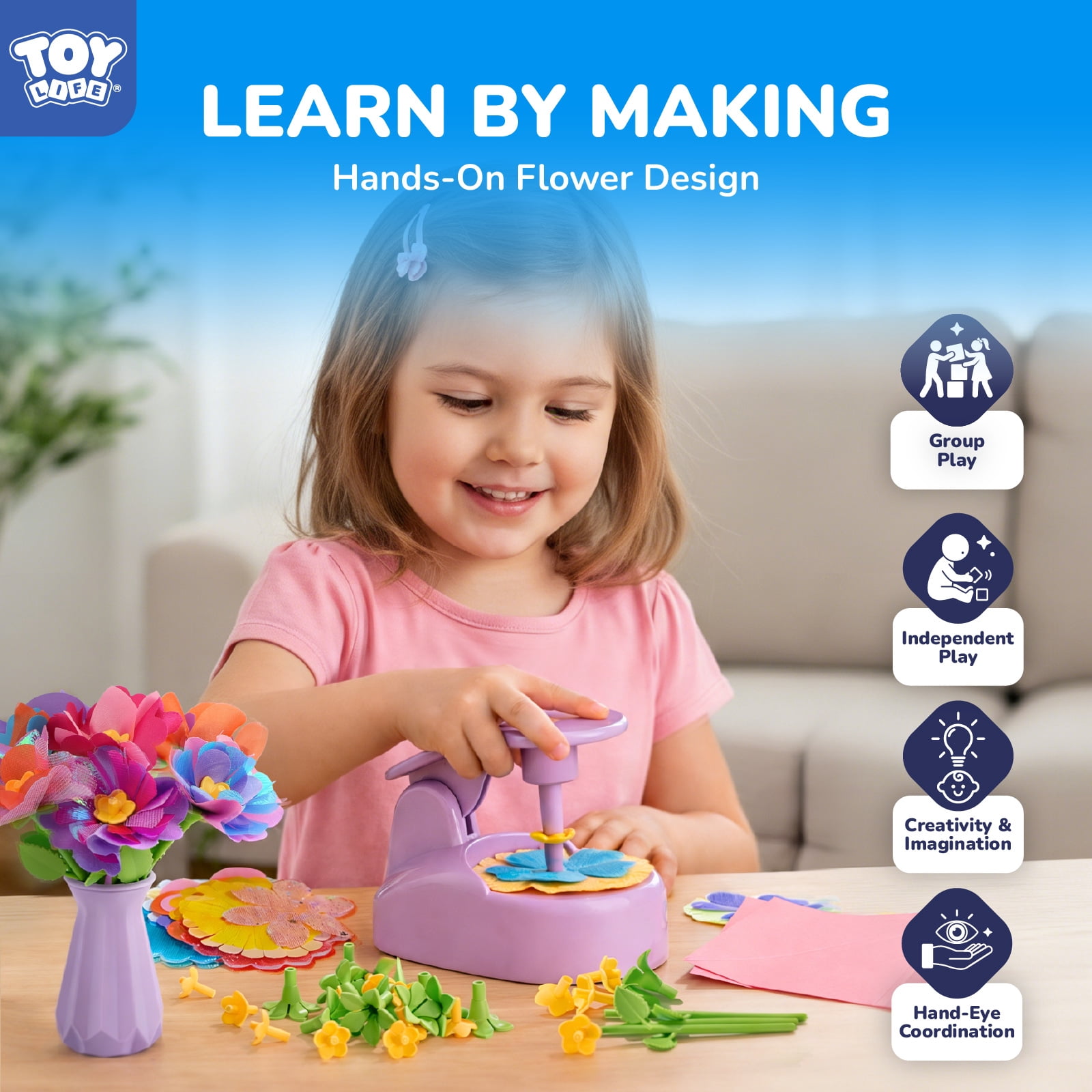 Toy Life DIY Flower Maker for Kids - Fabric Flower Bouquet Craft Kit for Girls 5-8 - Arts and Crafts Kits for 7 Year Old Girls - Flower Making Toy - Birthday Gift for 6 8 Year Old Girls