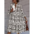 thumbnail image 6 of Women'S Summer Dress Casual V Neck Buttoned 3/4 Sleeve Bohemian Print Flowy Mini Dresses Khaki M, 6 of 9