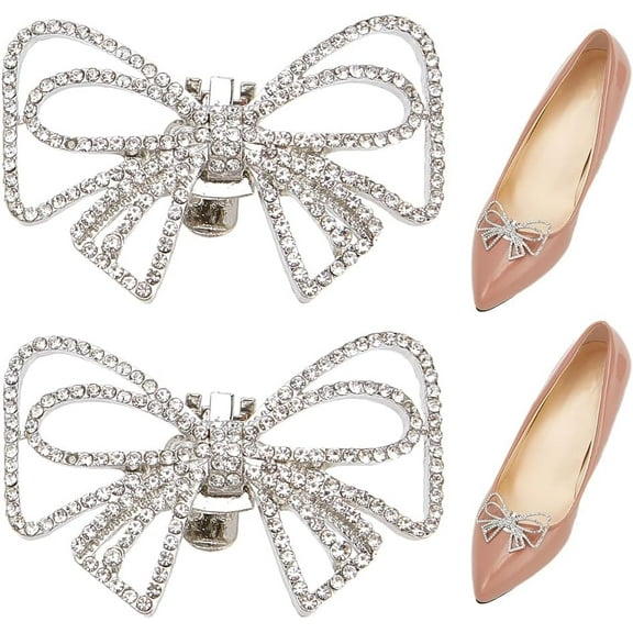 2Pcs Shoe Clips Bowknot Rhinestone Alloy Platinum Shoe Decoration Charms Detachable Shoe Buckle on Flat Shoes Heel Shoes for Women Girls Brides Wedding Party DIY Craft Accessories Silver