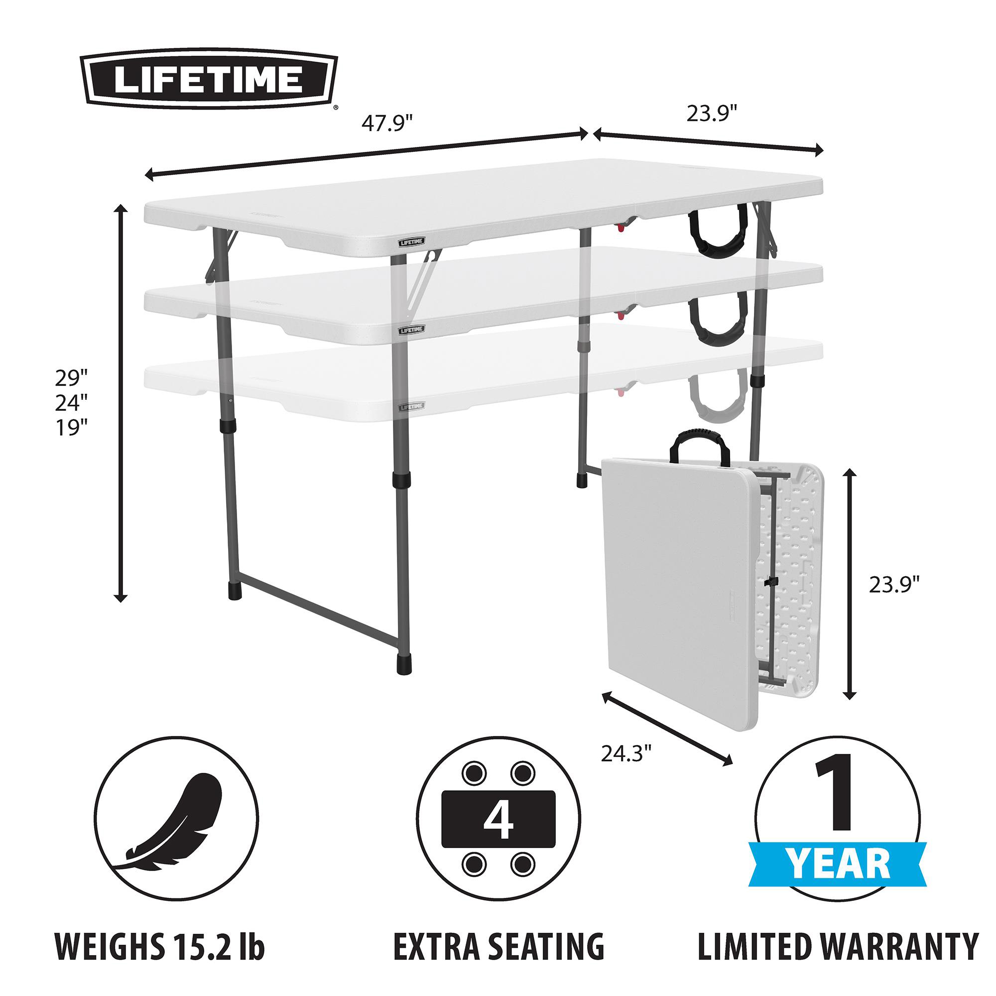 Lifetime 4-Foot Fold-in-Half Adjustable Height Table, White photo 3