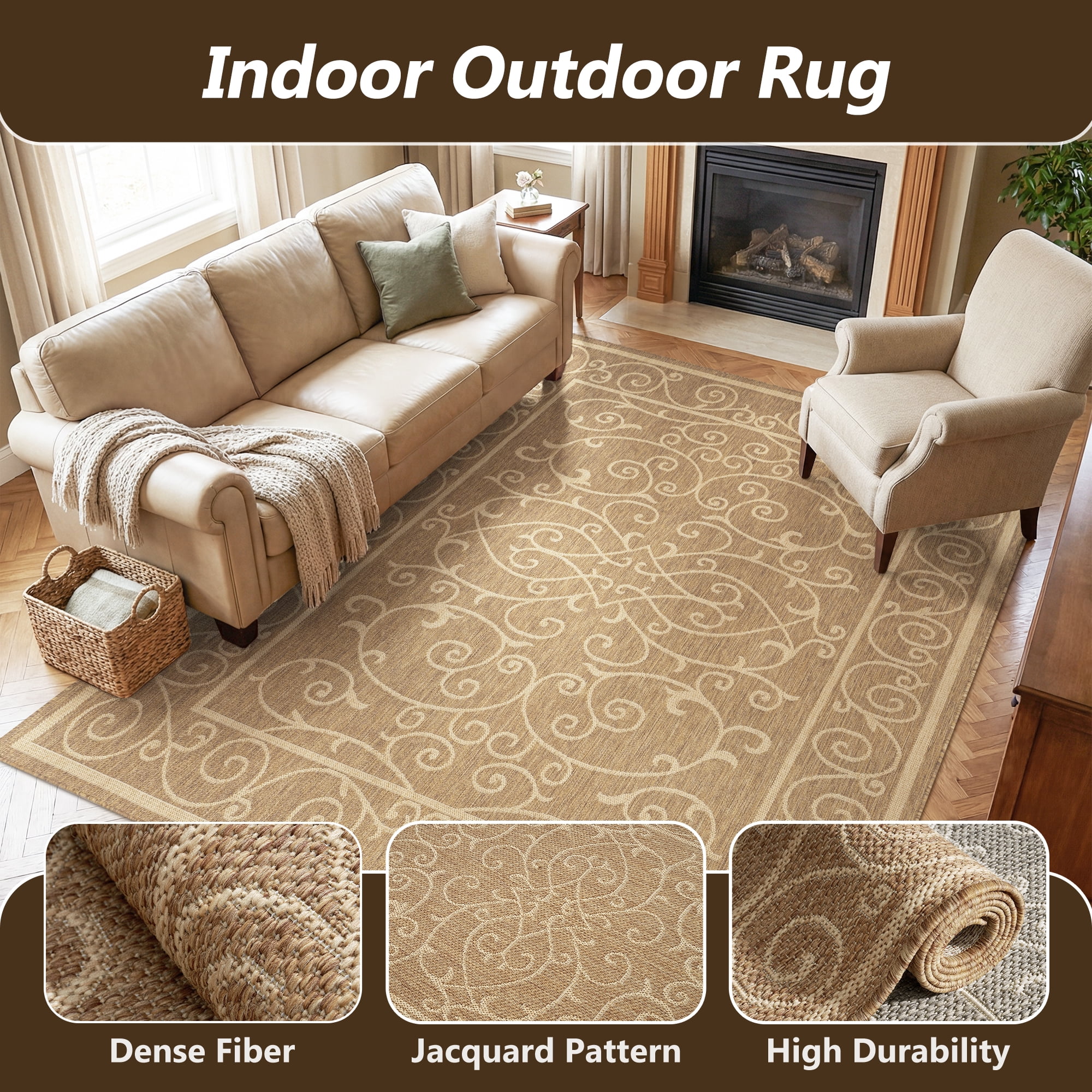 SIXHOME Outdoor Rugs 8'x10' Patio Rug Bohemian Floral Indoor Outdoor Rugs Polypropylene Washable Non Shedding, Easy Clean, Waterproof, Durable Outdoor Carpet for Porch Balcony Deck Neutral Brown