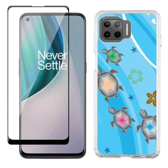 Slim-Fit Protective Phone Case compatible with Motorola Moto One 5G UW, with Tempered Glass Screen Protector, by OneToughShield ® - Happy Turtle