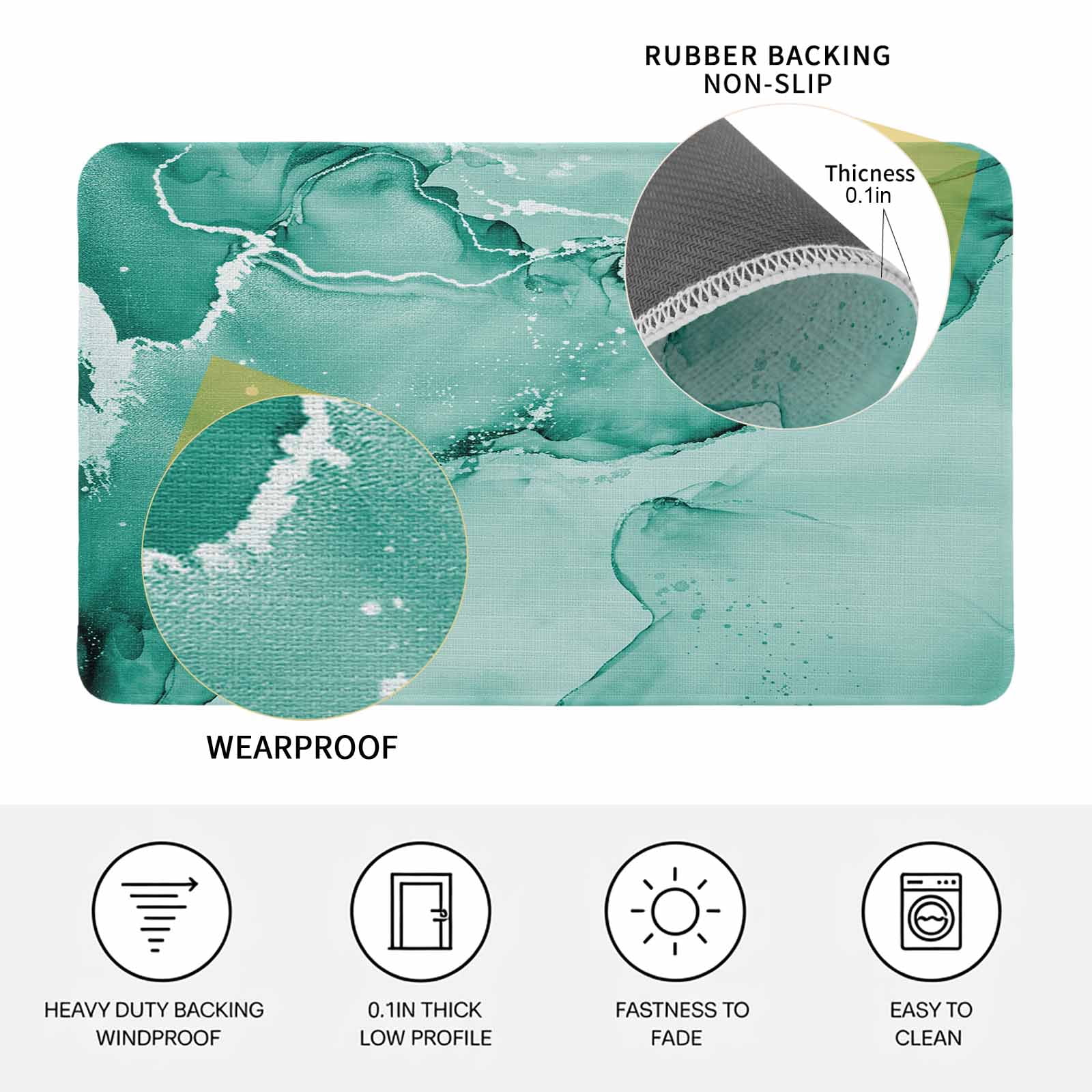 Turquoise Marble Doormat Outdoor Entrance 20"x31.5", Nature Marble Stone Ripple Modern Art Absorb Moisture Dirt Door Mats, Non-Slip Rubber Backing Floor Mats Indoor, Low-Profile Front Door Rugs