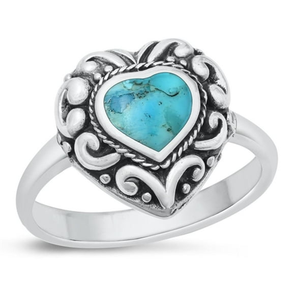 CHOOSE YOUR COLOR Simulated Turquoise Bali Heart Ring .925 Sterling Silver Band Blue CZ Female Size 8
