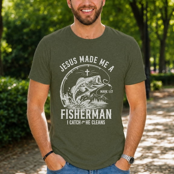 Jollimate Jesus Made Me A Fisherman Shirt, Christian Men Fishing Graphic Tee, Cool Retro Scripture Men's T-Shirt