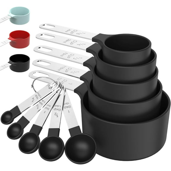 Measuring Cups & Spoons Set, Stackable Cups and Spoons, Nesting Measure Cups with Stainless Steel Handle, Kitchen Gadgets for Cooking & Baking (Black)