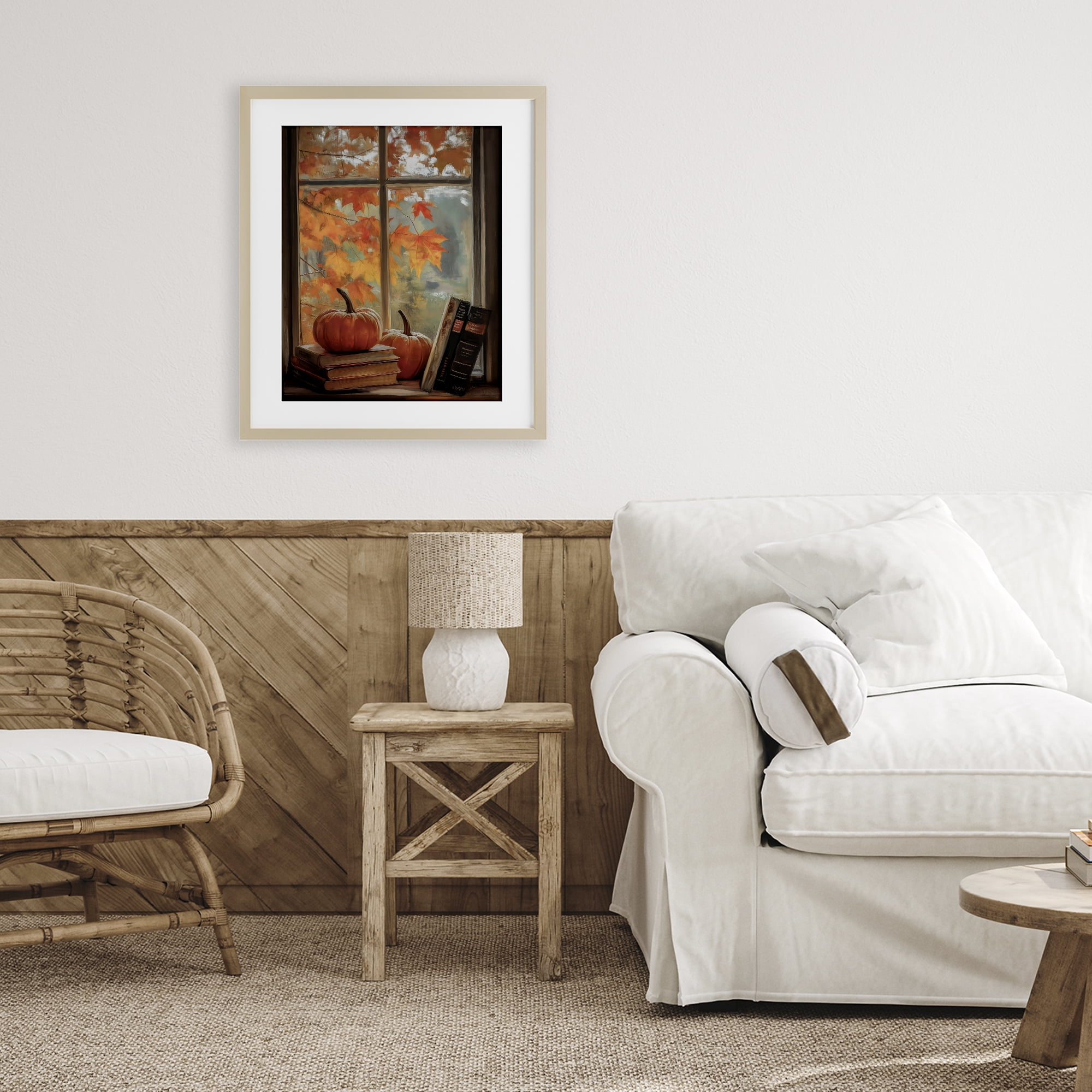 Cozy Fall Window Books Birch Framed Print Under Glass, design by Arlington Prints