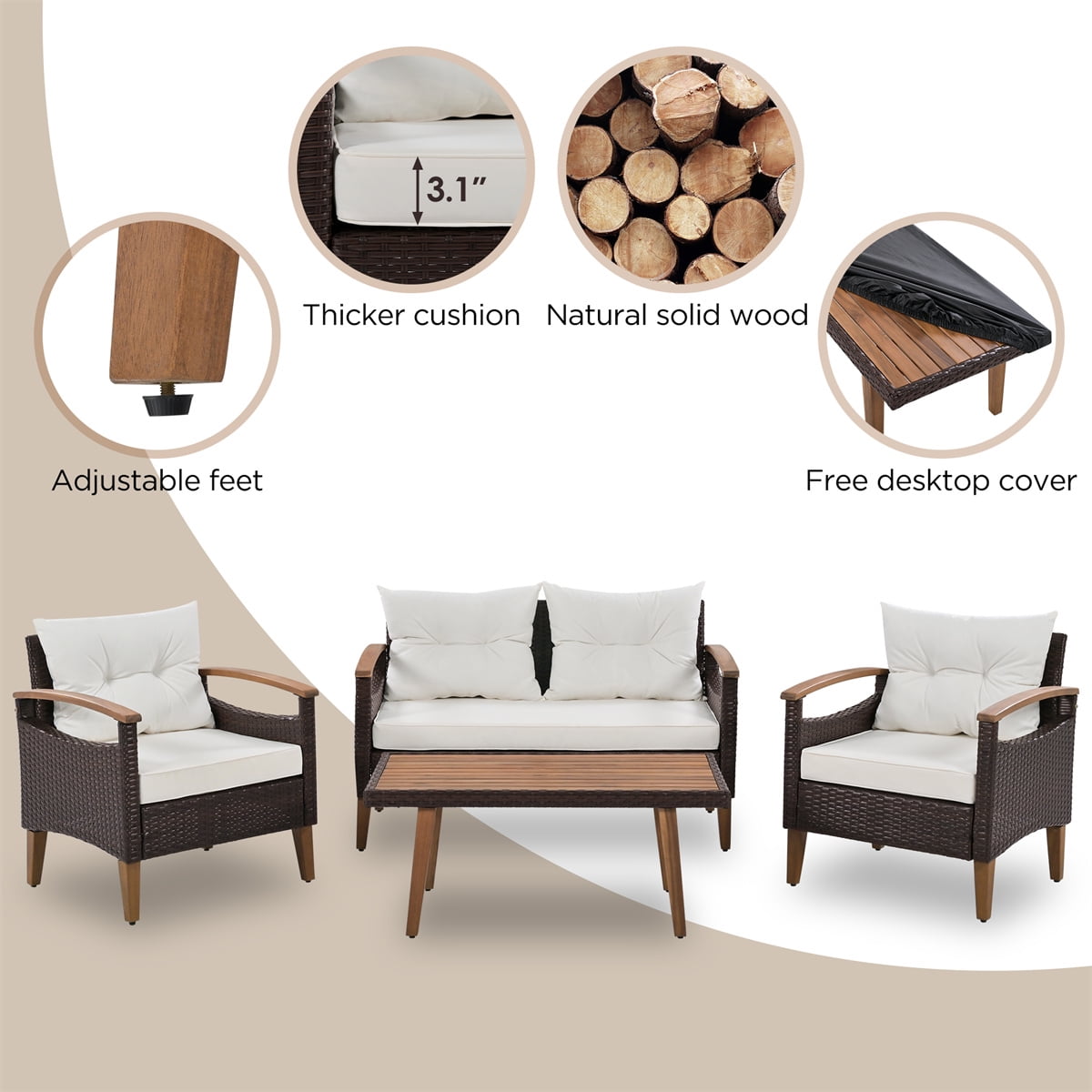 HighSound Patio Furniture Set, 4 Piece Outdoor Patio Conversation Set, All-Weather PE Rattan Wicker Sectional Patio Sofa Set with Wooden Coffee Table, Beige Cushions