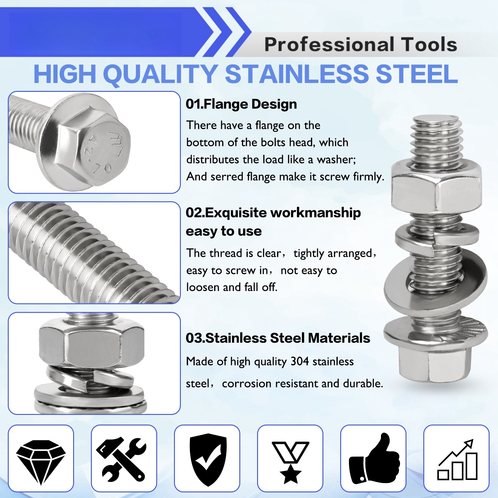 M6 Hex Bolt Assortment Kit - Flange Head, 304 Stainless Steel, 12-45mm Lengths (120 Pcs) - View #4