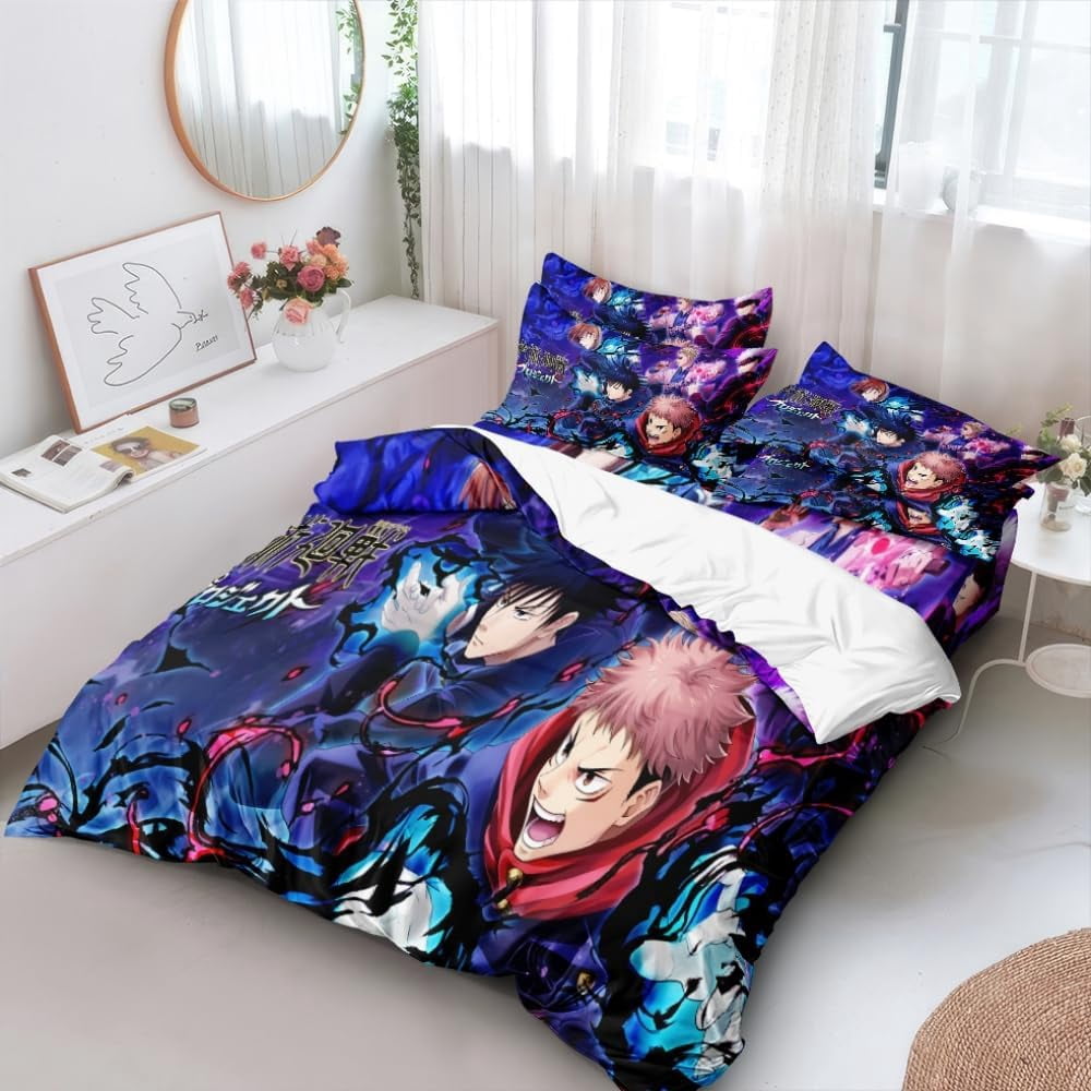 Anime Jujutsu Kaisen Duvet Cover Bedding Set,3D Anime Soft Comfortable Quilt Cover Twin Full Queen King Size with Pillowcases (Color 1, Twin)
