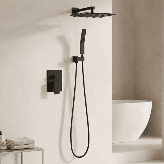ROOMISLAND Shower System with Tub Spout Wall Mounted Rain Shower Head and Handle Combo Shower Faucet Set with Valve, Matte Black